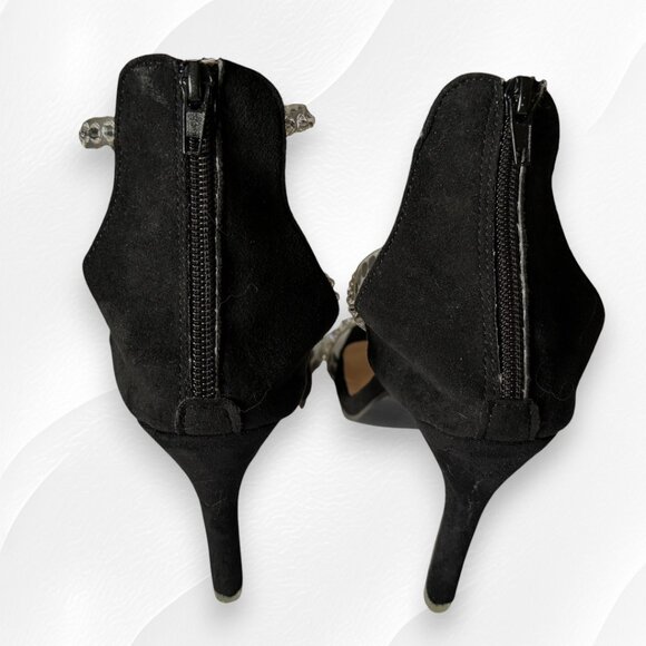 Sparkling NWOT Diamond Rhinestone Multi Stap Zipper Faux Suede Balck High Heels - Picture 4 of 9